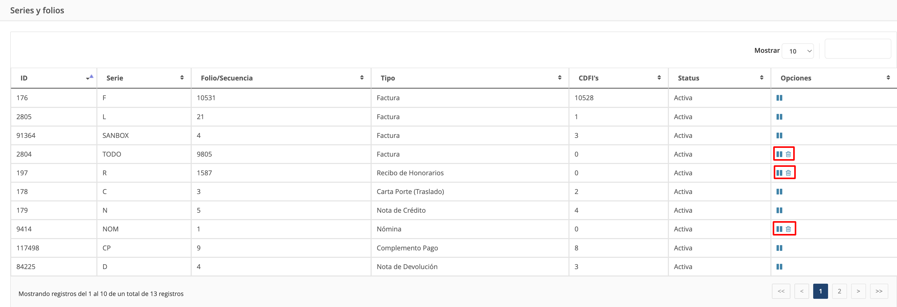 Vista de las opciones "pausar" y "Eliminar"