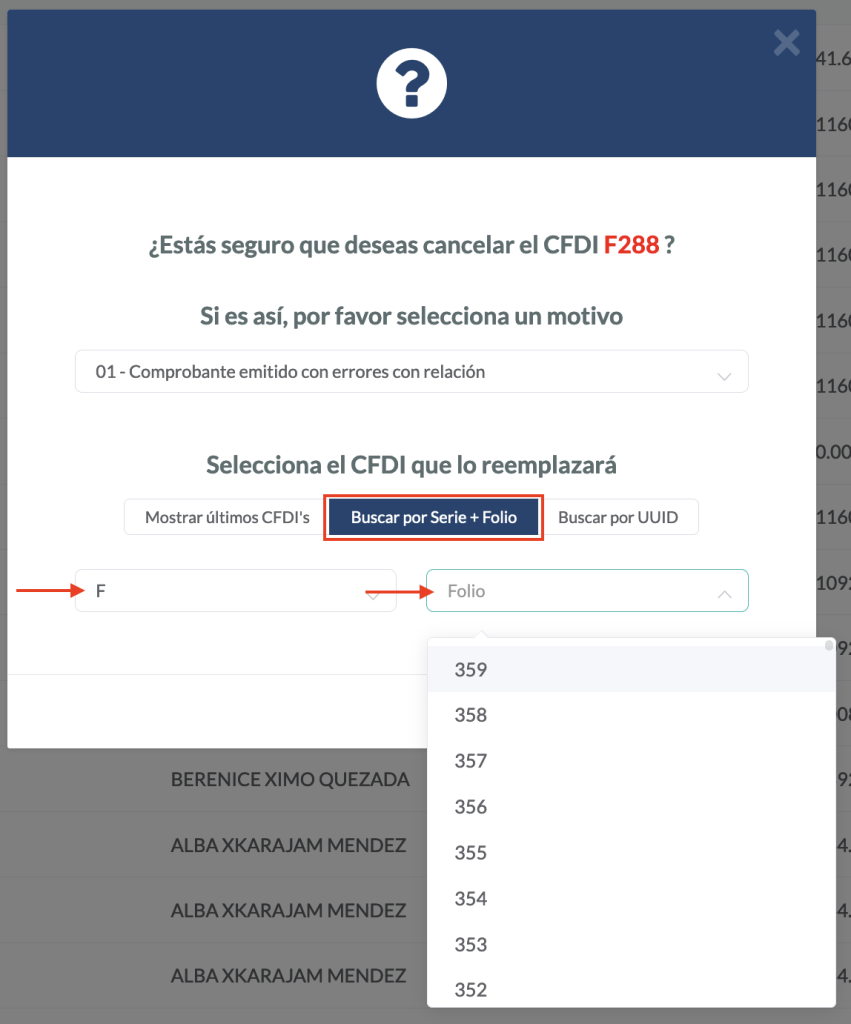Vista de la opción 01 buscando el CFDI a remplazar por serie y folio
