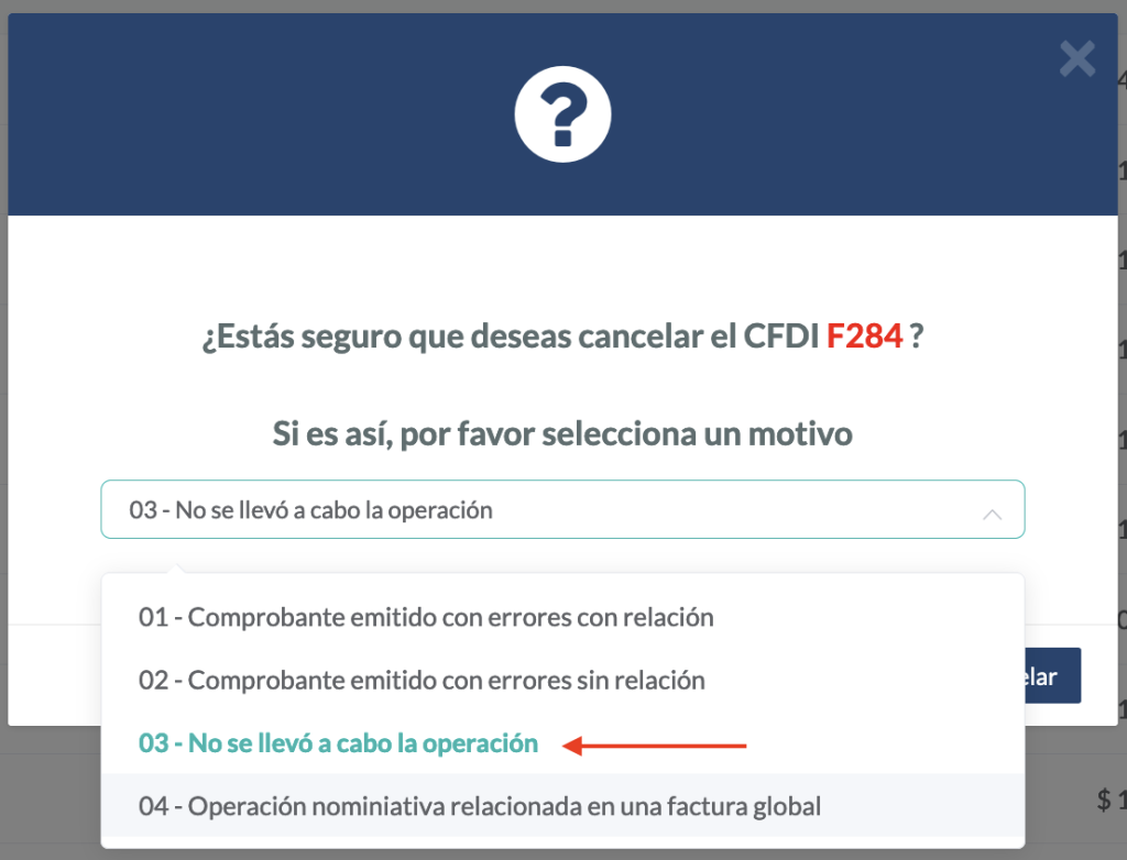 Vista de las opciones para señalar el motivo de cancelación 03