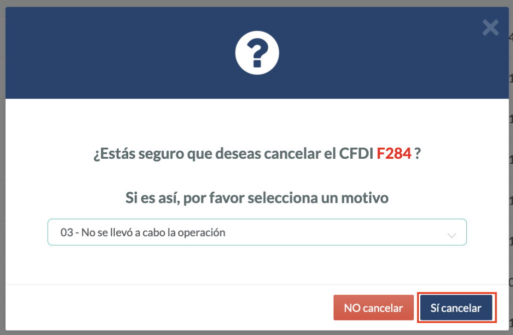 Vista de la opción 03 señalando la opción "Si cancelar"