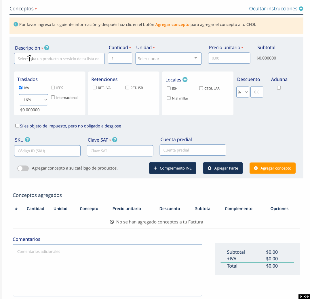 Imagen con movimiento que muestra la selección de un servicio ya agregado al catálogo desde la creación de un CFDI.