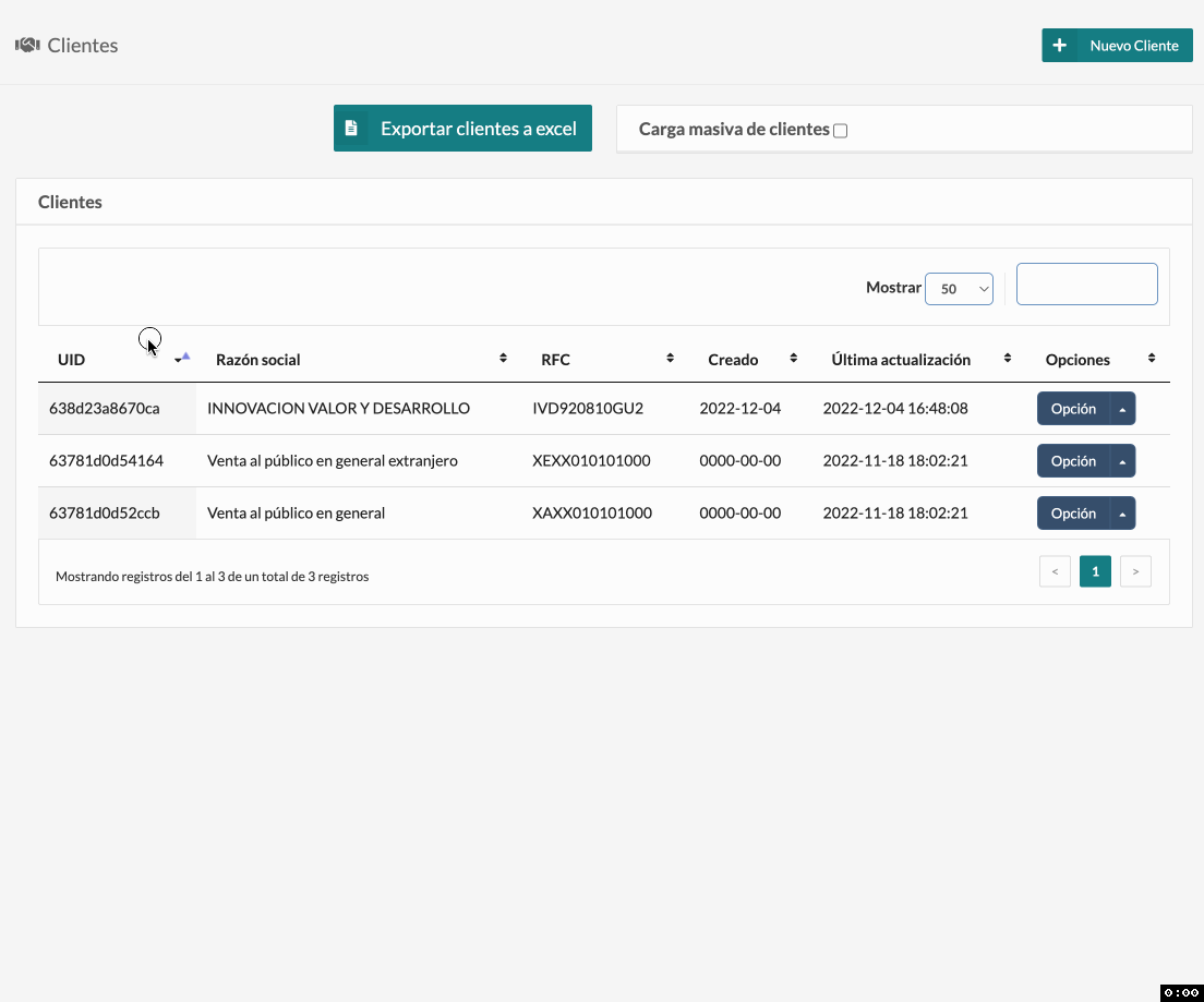 Imagen con movimiento mostrando la función de eliminar un registro en el catálogo de clientes.